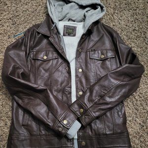 Obey leather hooded jacket adult medium